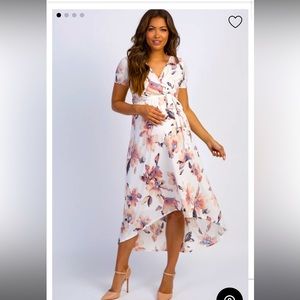 PinkBlush Ivory Watercolor Floral Hi-Low Maternity Wrap Dress